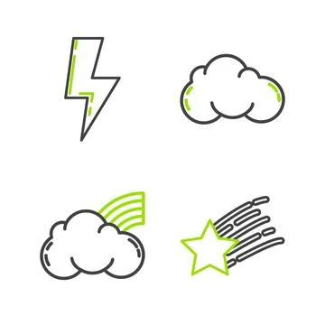 Set line Falling star, Rainbow with clouds, Cloud and Lightning bolt icon 스톡 일러스트