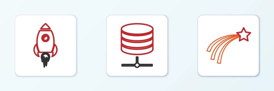 Set line Falling star, Rocket ship with fire and Server, Data, Web Hosting icon Illustrazione stock