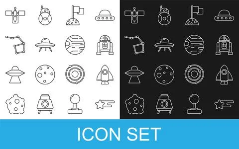 Set line Falling star, Rocket ship, Robot, Moon with flag, UFO flying spaceship 库存插图