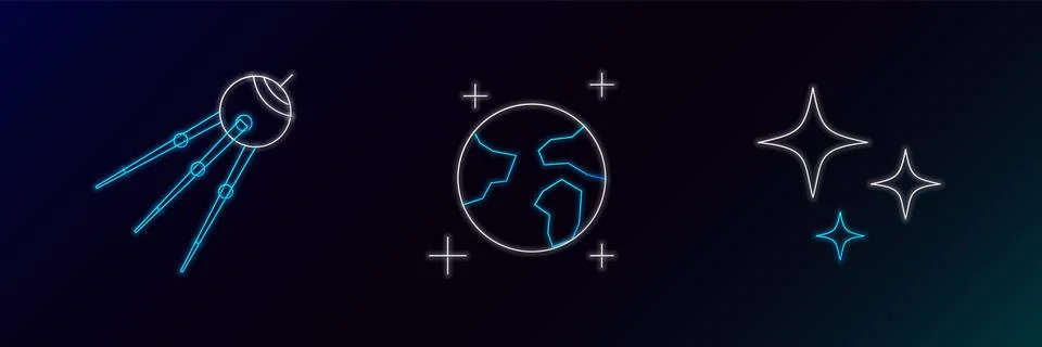 Set line Falling star, Satellite and Earth globe icon. Glowing neon. Vector Stock Illustration