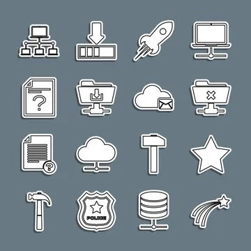 Set line Falling star, Star, FTP cancel operation, Rocket ship with fire, fol Stock Illustration
