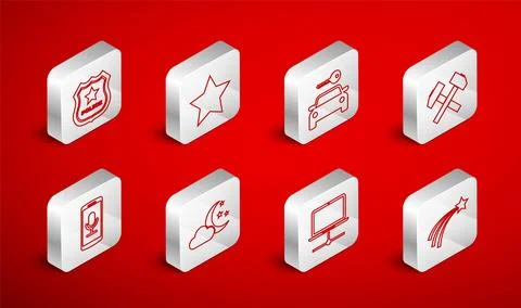 Set line Falling star, Star, Car rental, Two crossed hammers, Computer network Illustrazione stock