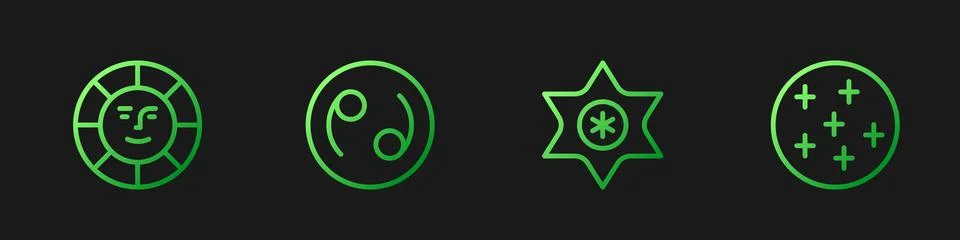 Set line Falling star, Sun, Cancer zodiac and Full moon. Gradient color icons Ilustração Stock