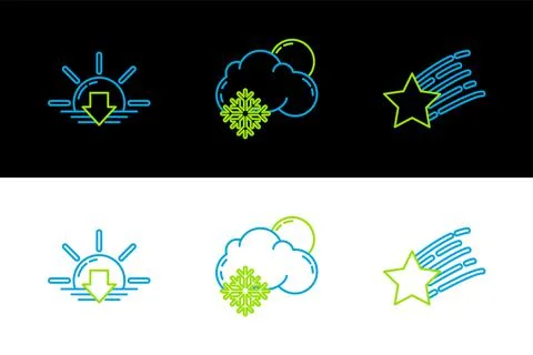 Set line Falling star, Sunset and Cloud with snow and sun icon. Vector 스톡 일러스트