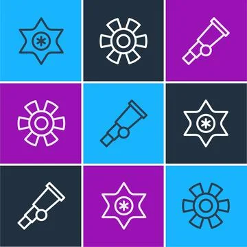 Set line Falling star, Telescope and Sun icon. Vector Stock Illustration