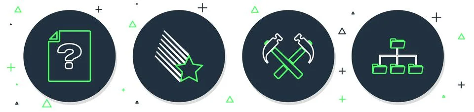 Set line Falling star, Two crossed hammers, Unknown document and Folder tree Illustrazione stock