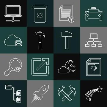 Set line Falling star, Unknown document, Computer network, Hammer, Cloud mail Stock Illustration