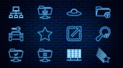 Set line Falling star, Unknown search, UFO flying spaceship, Star, Car rental Stock Illustration