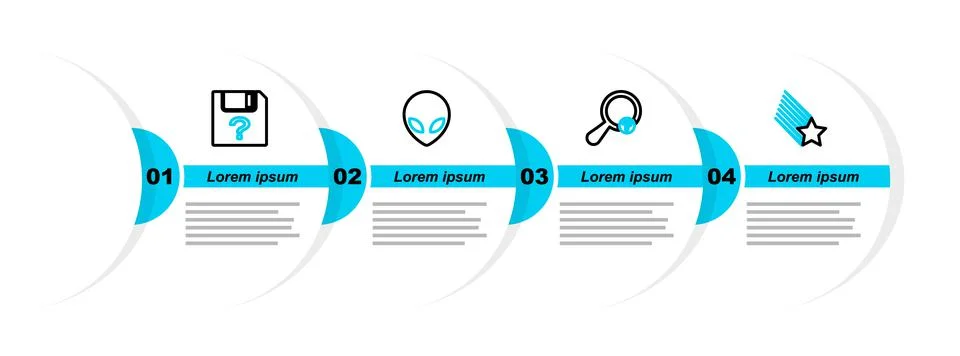 Set line Falling star, Unknown search, Alien and document icon. Vector Stock Illustration