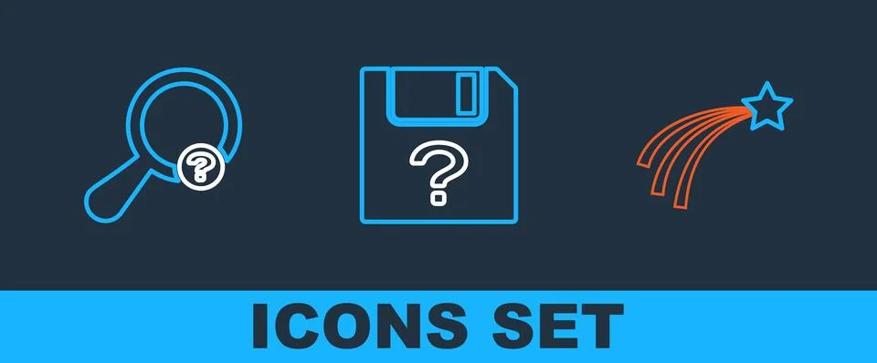Set line Falling star, Unknown search and document icon. Vector Stock Illustration