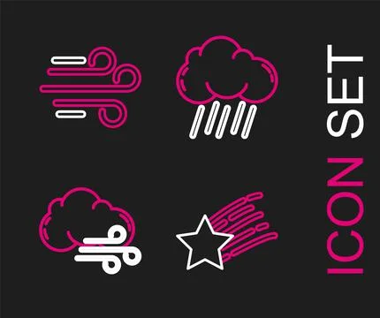 Set line Falling star, Windy weather, Cloud with rain and  icon. Vector Stock Illustration
