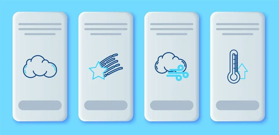 Set line Falling star, Windy weather, Cloud and Thermometer icon. Vector Stock Illustration