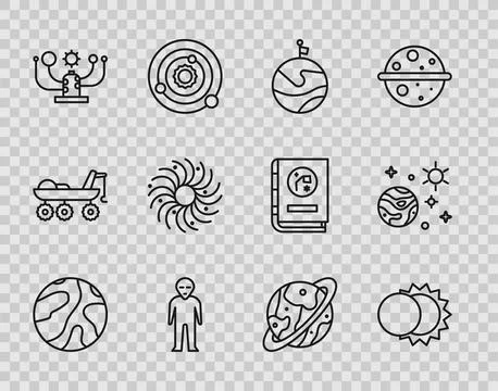 Set line Falling stars, Eclipse of the sun, Moon with flag, Alien, Solar syst Stock Illustration