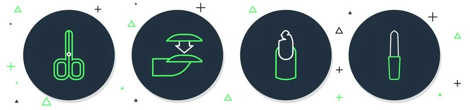 Set line False nails, Broken, Nail scissors and file icon. Vector Stock Illustration