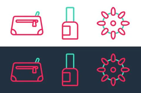 Set line False nails, Cosmetic bag and Bottle of polish icon. Vector Stock Illustration