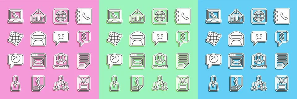 Set line FAQ information, File document, Paid support, Worldwide, Mail and e Stock Illustration