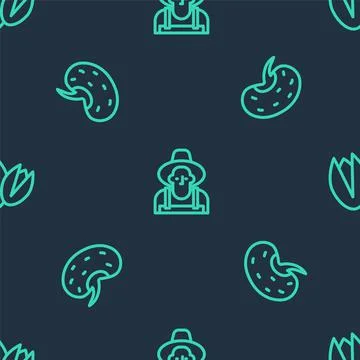 Set line Farmer in the hat, Seed and Pistachio nuts on seamless pattern. Vector Stock Illustration