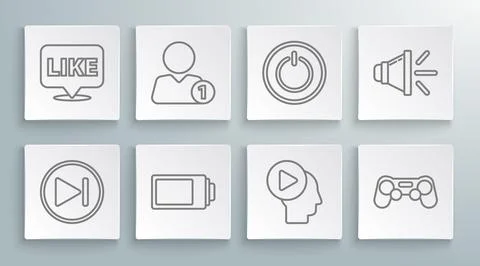 Set line Fast forward, Add to friend, Battery charge level indicator, Head pe Illustrazione stock