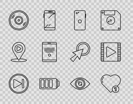 Set line Fast forward, Like and heart, Smartphone, mobile phone, Battery charge Illustrazione stock