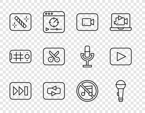 Set line Fast forward, Microphone, Play video button, Repeat, Photo retouching Stock Illustration