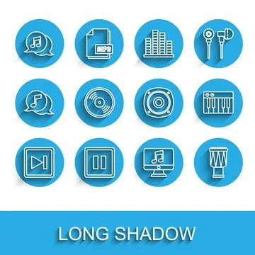 Set line Fast forward, Pause button, Musical note in speech bubble, Computer Stock Illustration