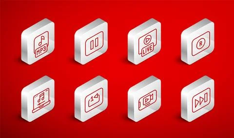 Set line Fast forward, Pause button, Live stream, Record, Online play video.. Illustrazione stock