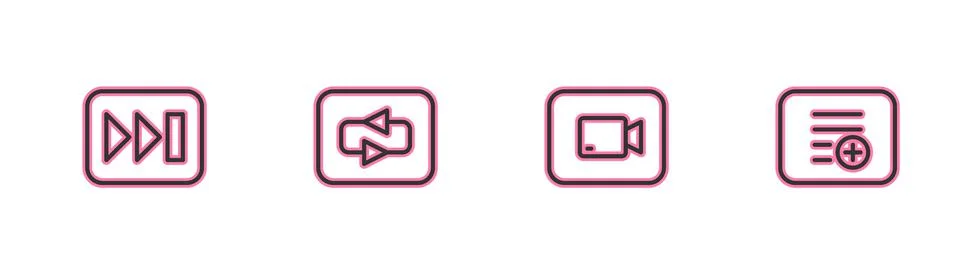 Set line Fast forward, Play video button, Repeat and Add playlist icon. Vector Stock Illustration