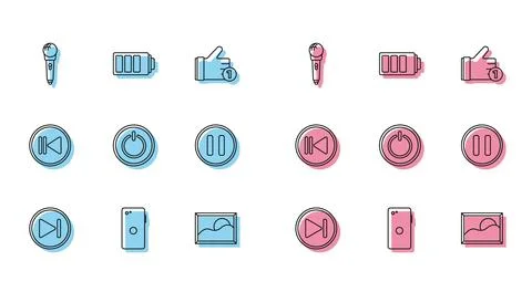 Set line Fast forward, Smartphone, mobile phone, Microphone, Picture landsc.. Stock Illustration