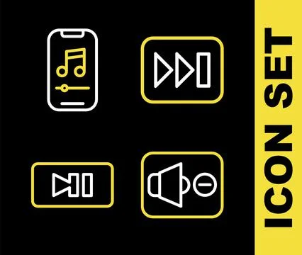 Set line Fast forward, Speaker mute, Pause button and Music player icon. Vector Illustrazione stock