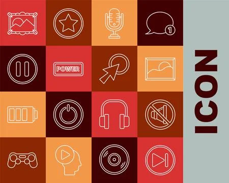 Set line Fast forward Speaker mute Picture landscape Microphone Power button  Stock Illustration