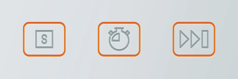 Set line Fast forward, Stop media button and Stopwatch icon. Vector Illustrazione stock