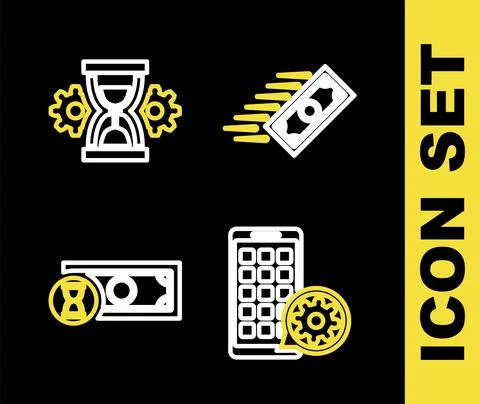Set line Fast payments, Mobile Apps setting, and Hourglass icon. Vector Illustrazione stock