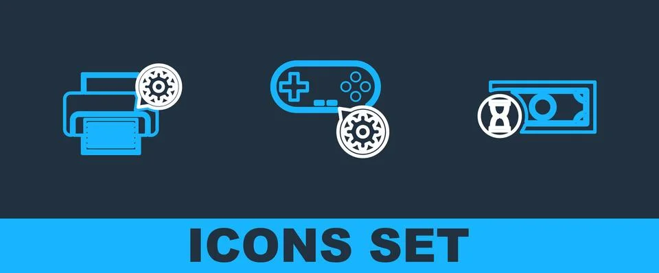 Set line Fast payments, Printer setting and Gamepad icon. Vector Stock Illustration