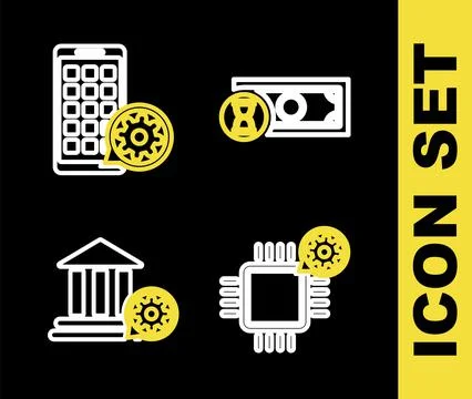 Set line Fast payments, Processor setting, Bank building and Mobile Apps icon Ilustración de archivo