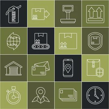 Set line Fast time delivery, Envelope with shield, Delivery pack security, Scale 库存插图