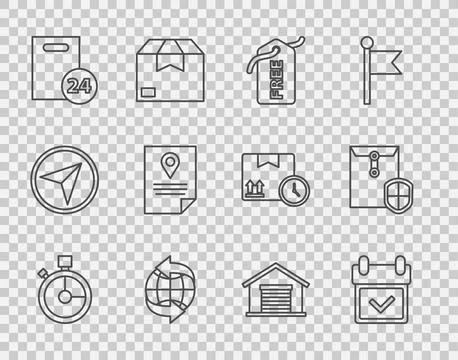 Set line Fast time delivery, Calendar with check mark, Price tag Free, Worl.. Illustrazione stock