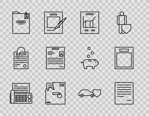 Set line Fax machine, Document, with graph chart, Ordered envelope, Personal Illustrazione stock