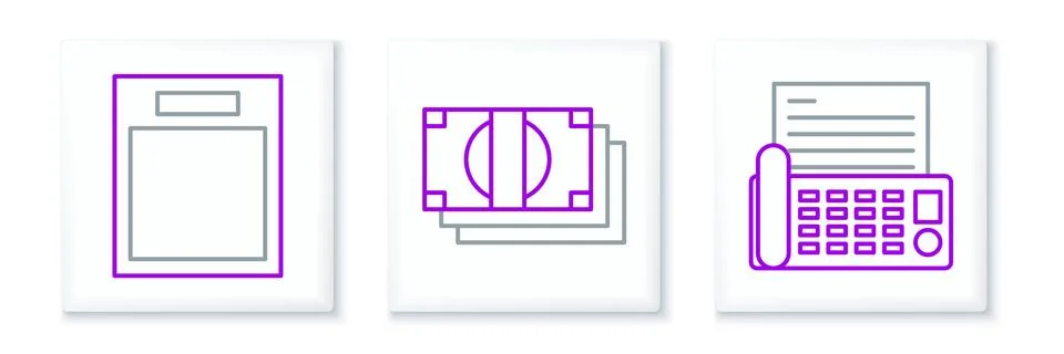 Set line Fax machine, Empty form and Stacks paper money cash icon. Vector Stock Illustration