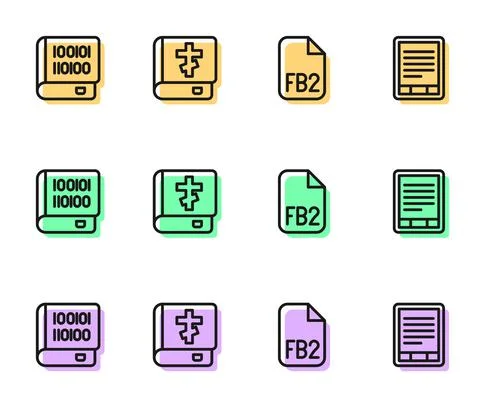 Set line FB2 File, Books about programming, Holy bible book and E-Book reader Illustration