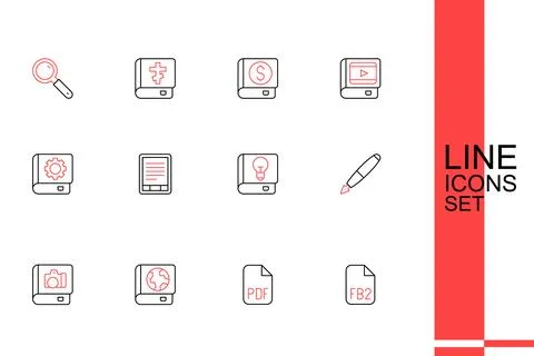 Set line FB2 File, PDF file document, Earth globe and book, Photo album gal.. Stock Illustration