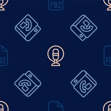Set line FB2 File, Phone book and Microphone on seamless pattern. Vector Illustrazione stock