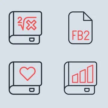 Set line FB2 File, Romance book, Financial and Book with mathematics icon. .. Stock Illustration