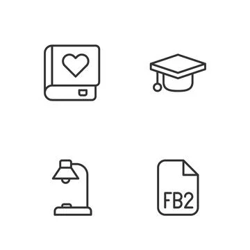 Set line FB2 File, Table lamp, Romance book and Graduation cap icon. Vector Stock Illustration
