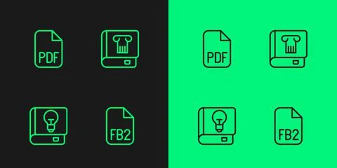 Set line FB2 File, User manual, PDF file document and History book icon. Vector Stock Illustration