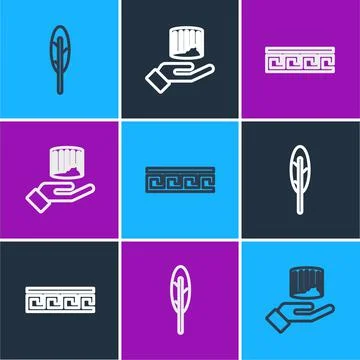 Set line Feather pen, Ancient Greek pattern and column icon. Vector Stock Illustration