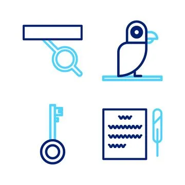 Set line Feather pen and scroll, Pirate key, parrot and eye patch icon. Vecto Stock Illustration