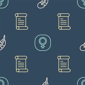 Set line Feather pen, Decree, parchment, scroll and Venus on seamless pattern Stock Illustration
