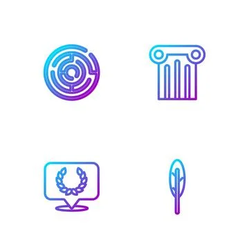 Set line Feather pen, Laurel wreath, Minotaur labyrinth and Ancient column... Stock Illustration
