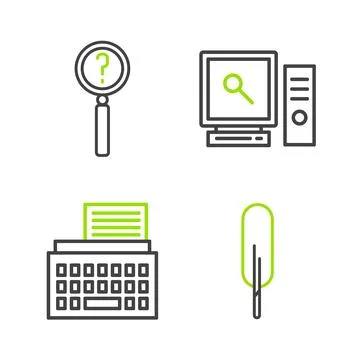 Set line Feather pen, Retro typewriter, Search on computer screen and Magni.. Stock Illustration