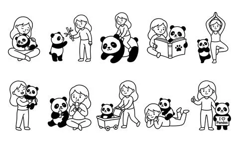 Set of line featuring a girl and a cute panda bear animal friendship Stock Illustration